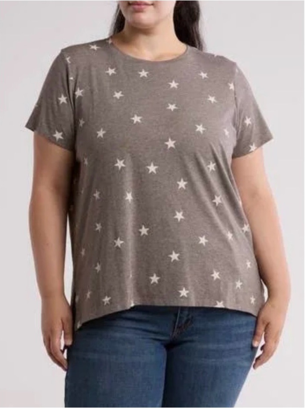 Women’s Lucky Brand Gray With White Star Print Short Sleeve Tee. Size 1X